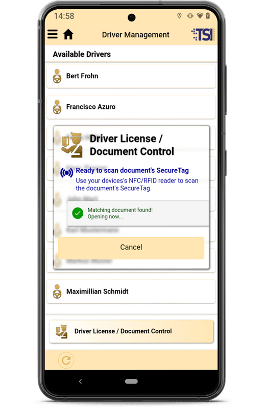 Driving license control using TSI Secure Tag and TSI Connect